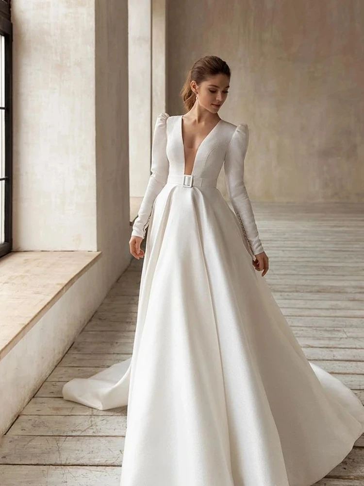 Top Trends: Classic Elegant Wedding Dresses A-Line Satin Bridal Gowns V-Neck Long Sleeves Robes For Formal Party 2024 Vestidos De Novia 2023 Shoppable Styles