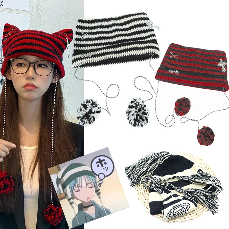 Top Trends: Okazaki Shinichi NANA Hat Topi Knitted Punk Hat Beanies Dingin Telinga Kucing Cat Ear Cap Winter Street Gothic Bonnet Gorro Shoppable Styles