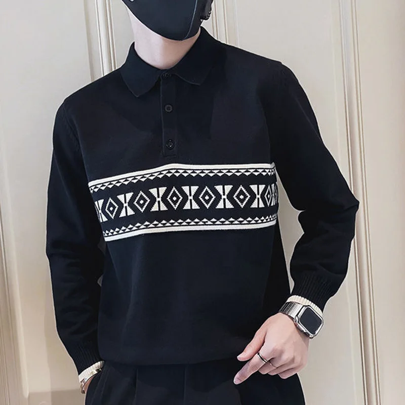 Top Trends: Fashion Lapel Button All-match Printed Sweaters Men Clothing 2023 Autumn New Oversized Casual Pullovers Loose Korean Tops Shoppable Styles - Image 4