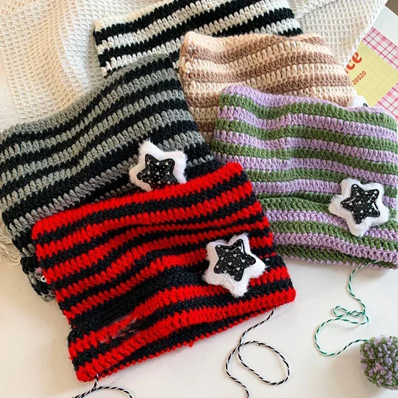 Top Trends: Y2K Beanie Hat Ins Devil Ear Striped Knitted Wool Cap Autumn Winter Pentagram Cute Cat Ears Pointed Pullover Women's Hats Shoppable Styles - Image 5