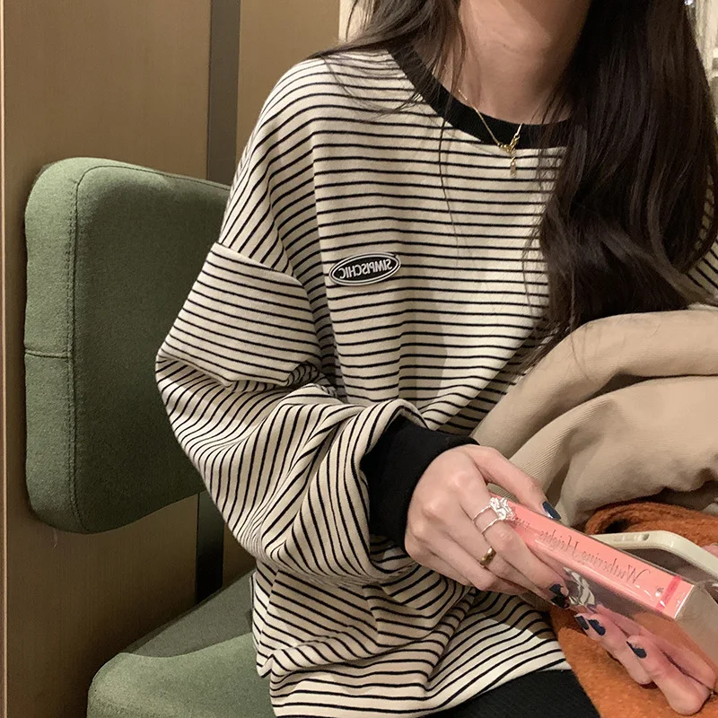 Top Trends: T-shirt Women Stripe Tshirt Female O-neck Long Sleeve Korean Style Black Neckline Girl Women's Clothing Spring / Summer 2024 Fall Shoppable Styles