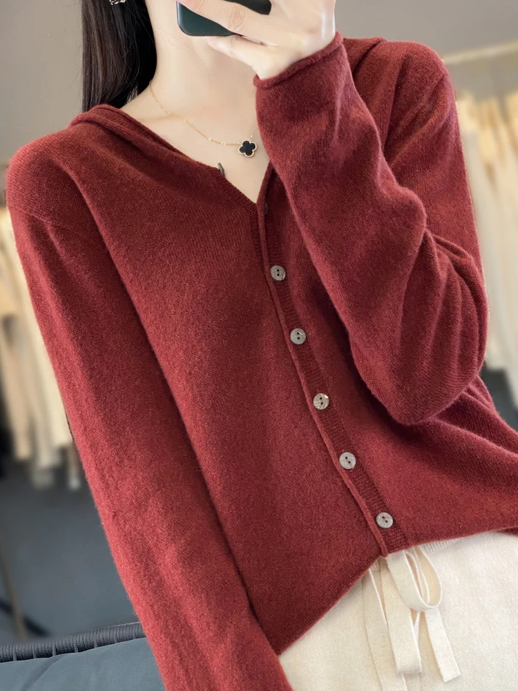 Top Trends: New Spring Autumn Long Sleeve Cardigan Women Sweater Fashion 100% Merino Wool Hoodie Korean Jerseys Knitwear Women Clothing Shoppable Styles