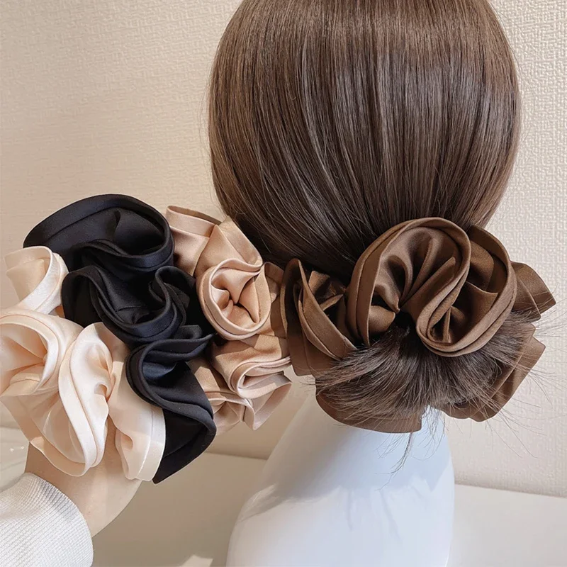 Top Trends: Large Silk Satin Scrunchies Women French Vintage Solid Fungus Side Hair Bands Elastic Hair Ties Ponytail Holder Hair Accessories Shoppable Styles