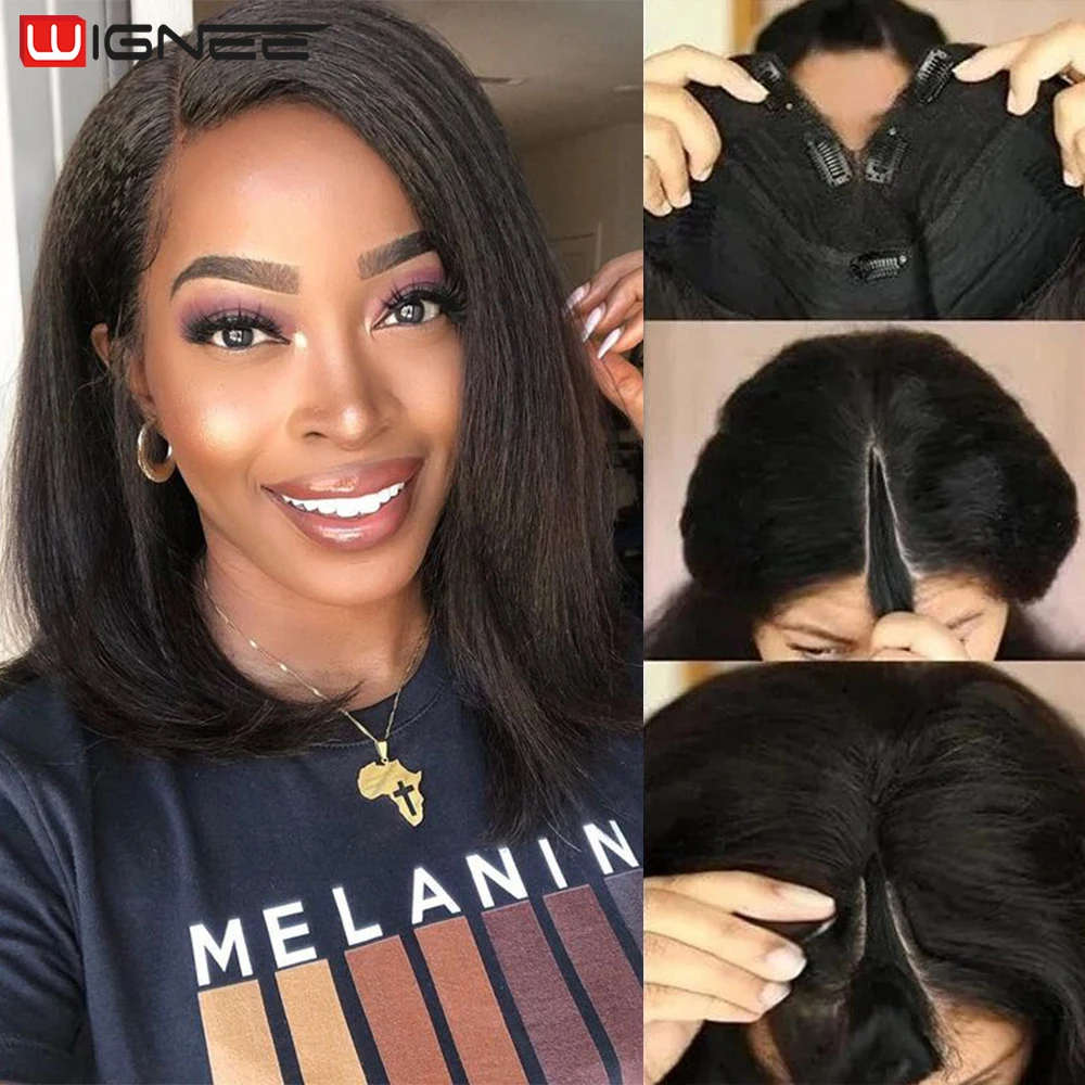 Top Trends: Bob V Part Wig Human Hair Kinky Straight Human Hair Wigs For Women 180% Density U Part Short Bob Human Hair Yaki Straight Wigs Shoppable Styles