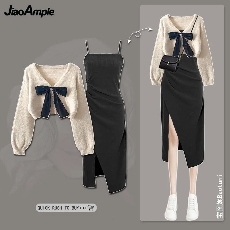 Top Trends: Women's Spring Autumn New Knitted Sweaters Two Piece 2024 Korean Elegant Bow Cardigan Strap Skirt Matching Set Female Clothing Shoppable Styles