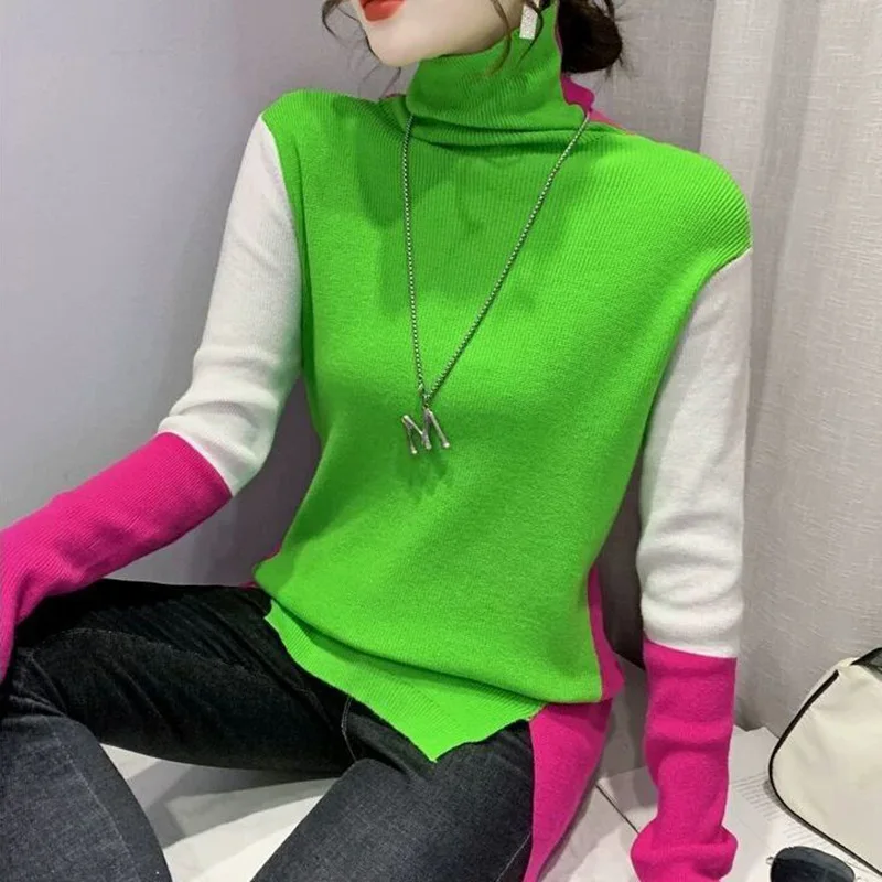 Top Trends: Stylish Turtleneck Knitted Spliced Loose Color Sweater Women's Clothing 2022 Autumn New Casual Pullovers All-match Korean Tops Shoppable Styles