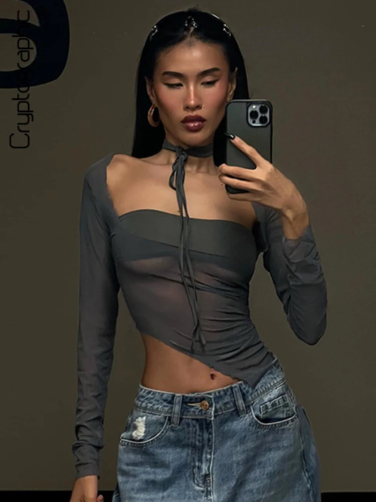 Top Trends: Cryptographic Fashion Mesh Sheer Halter Tops Women Square Collar Short Sleeve T-Shirts Top Tee Cropped Y2K Club Party Streetwear Shoppable Styles