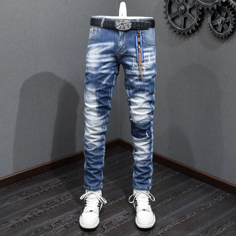 Top Trends: High Street Fashion Men Jeans Retro Blue Elastic Slim Fit Ripped Jeans Men Vintage Designer Stretch Casual Denim Pants Hombre Shoppable Styles