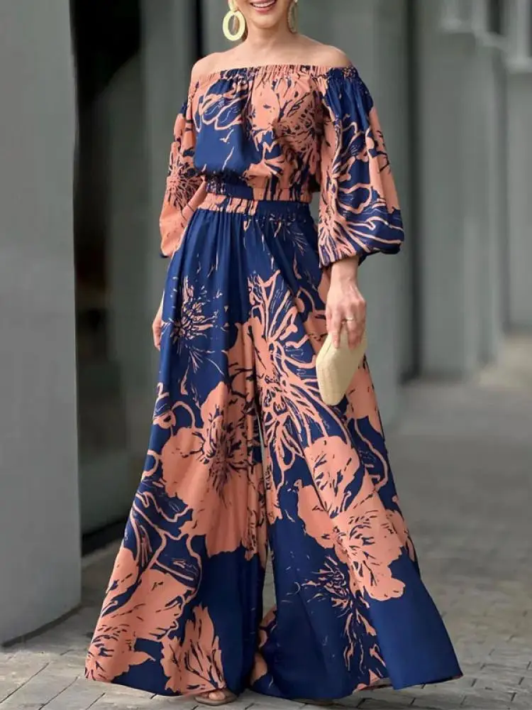 Top Trends: Yeezzi 2023 New Vintage Floral Printed Off-The-Shoulder Shirts&elasticity Waist Wide Leg Pants Elegant 2 Piece Set For Women Shoppable Styles