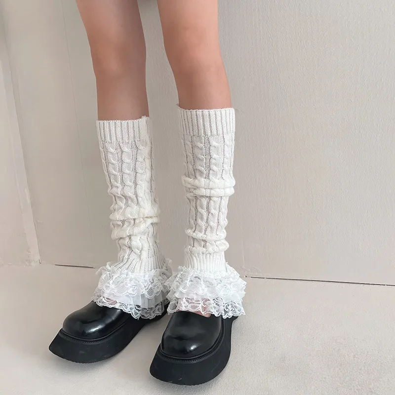 Top Trends: Multi-Layer Lace Leg Warmer Japanese Style Autumn Winter Twist Stripes Knitted Long Socks JK Bunching Socks Boot Cuffs Shoppable Styles - Image 3