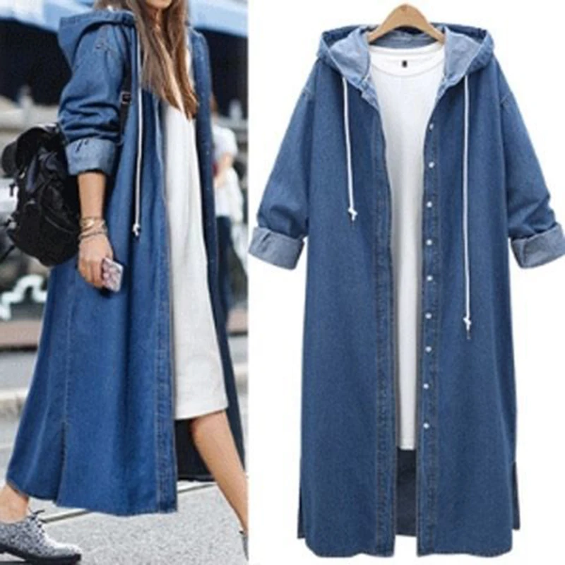 Top Trends: Women's Hoodie Trench Hooded Denim Coat Retro Harajuku Street Jackets Yk2 Streetwear Casual Loose Long Ladies Outwear Denim Tops Shoppable Styles