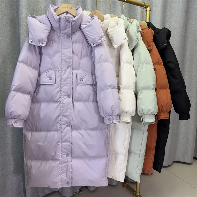 Top Trends: -10 Degree Warm Goose Down Long Jacket Women Hooded Warm Windproof Pockets Hidden Zipper Clothing женский пуховик с капюшоном Shoppable Styles