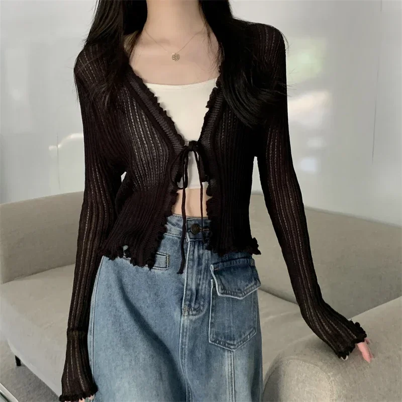 Top Trends: Black Tie Thin Knitted Cropped Cardigan Women Summer Korean Casual Lace Long Sleeve Short Outerwear 7 Colours Shoppable Styles