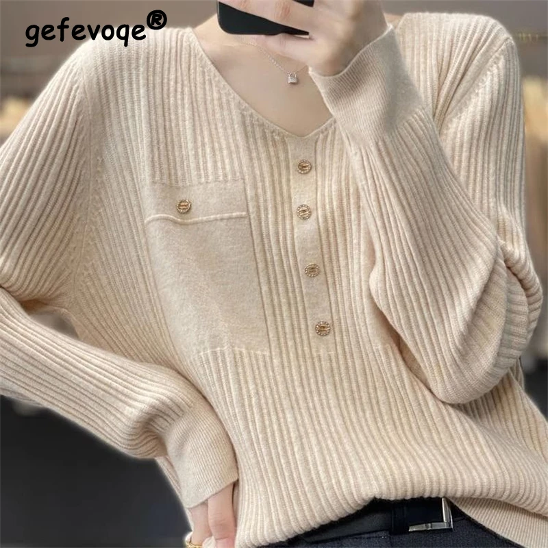 Top Trends: Women Clothing 2023 Korean Style V Neck Long Sleeve Chic Elegant Knitted Sweater Female Casual Solid Loose Pullover Tops Jumpers Shoppable Styles