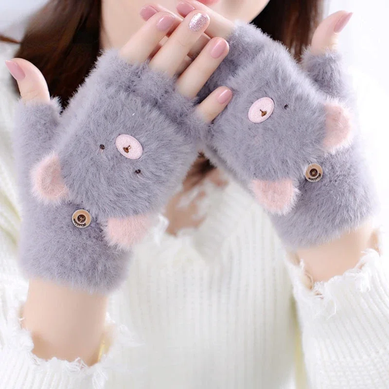 Top Trends: 1Pair Women Girls Lovely Winter Warm Fingerless Gloves Fluffy Bear Plush Paw Claw Half Finger Gloves Mittens 4 Colors Shoppable Styles