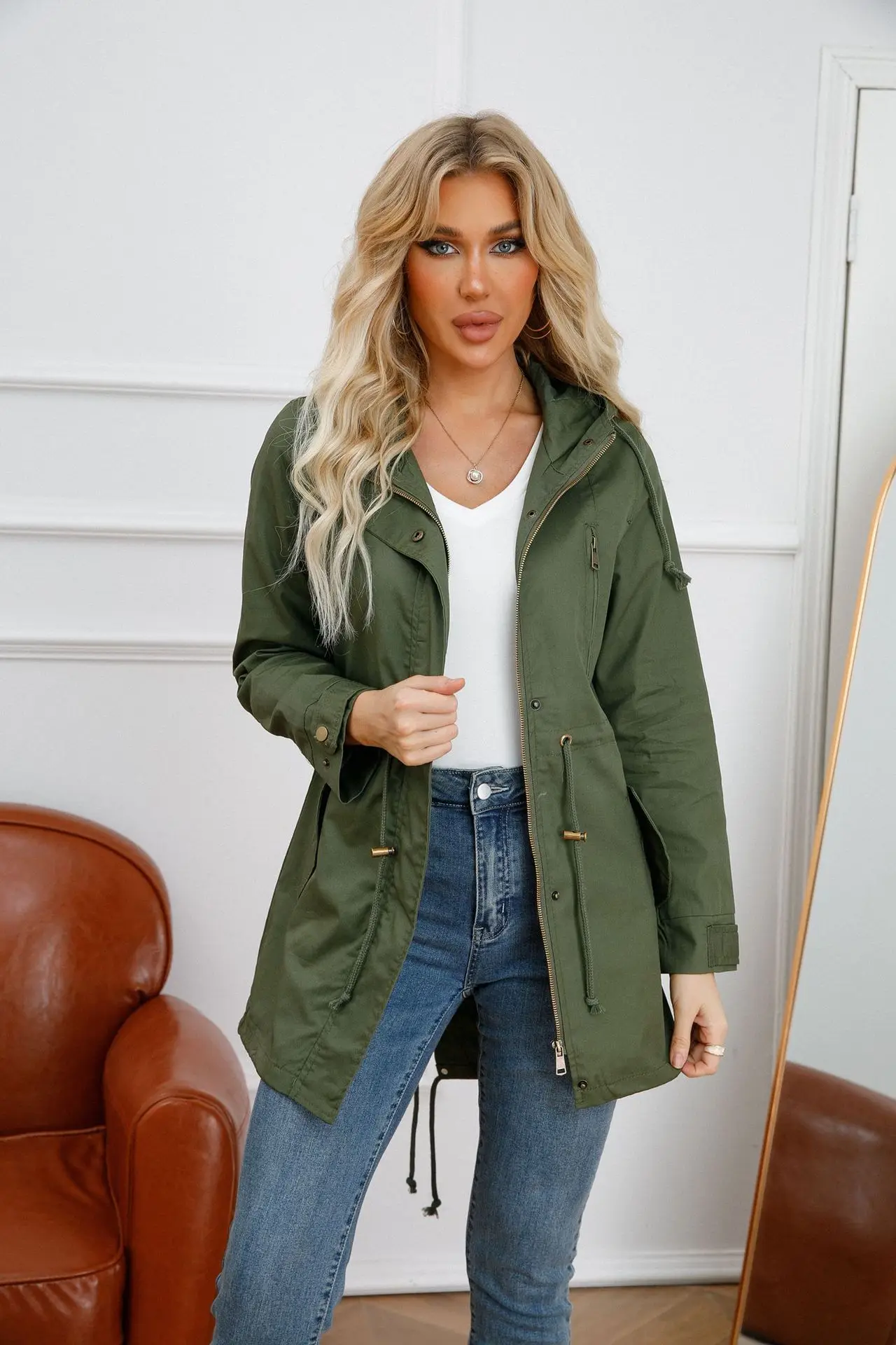 Top Trends: 2024 New Cotton Hooded Trench Coat Women's Spring Autumn Jacket Zipper Loose Drawstring Solid Color Windbreaker Women's Clothing Shoppable Styles - Image 2