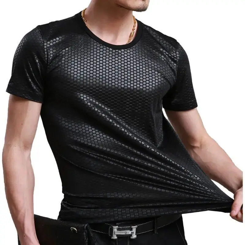 Top Trends: 2023 Men's Ice Silk Fabric Clothes Summer Round Neck Solid Color Casual Tops Fashion Slim Jacquard Weave T-shirt Shoppable Styles