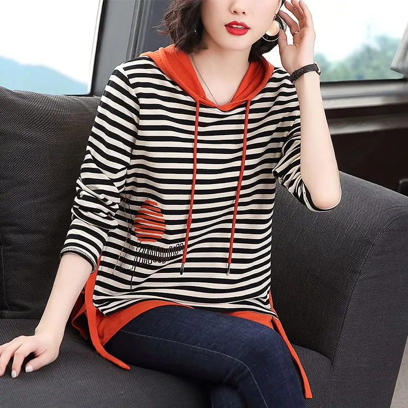 Top Trends: Women&#039;s Casual Striped Printing T-shirt Long Sleeve 2023 Spring And Autumn New Loose Patchwork Drawstring Hooded Pullover Tops Shoppable Styles