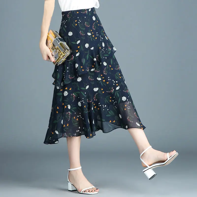 Top Trends: Elegant Vintage Women Floral Chiffon Midi Skirt Koreon Fashion New High Waist Y2k Irregular Ruffles Spring Summer Casual Skirts Shoppable Styles