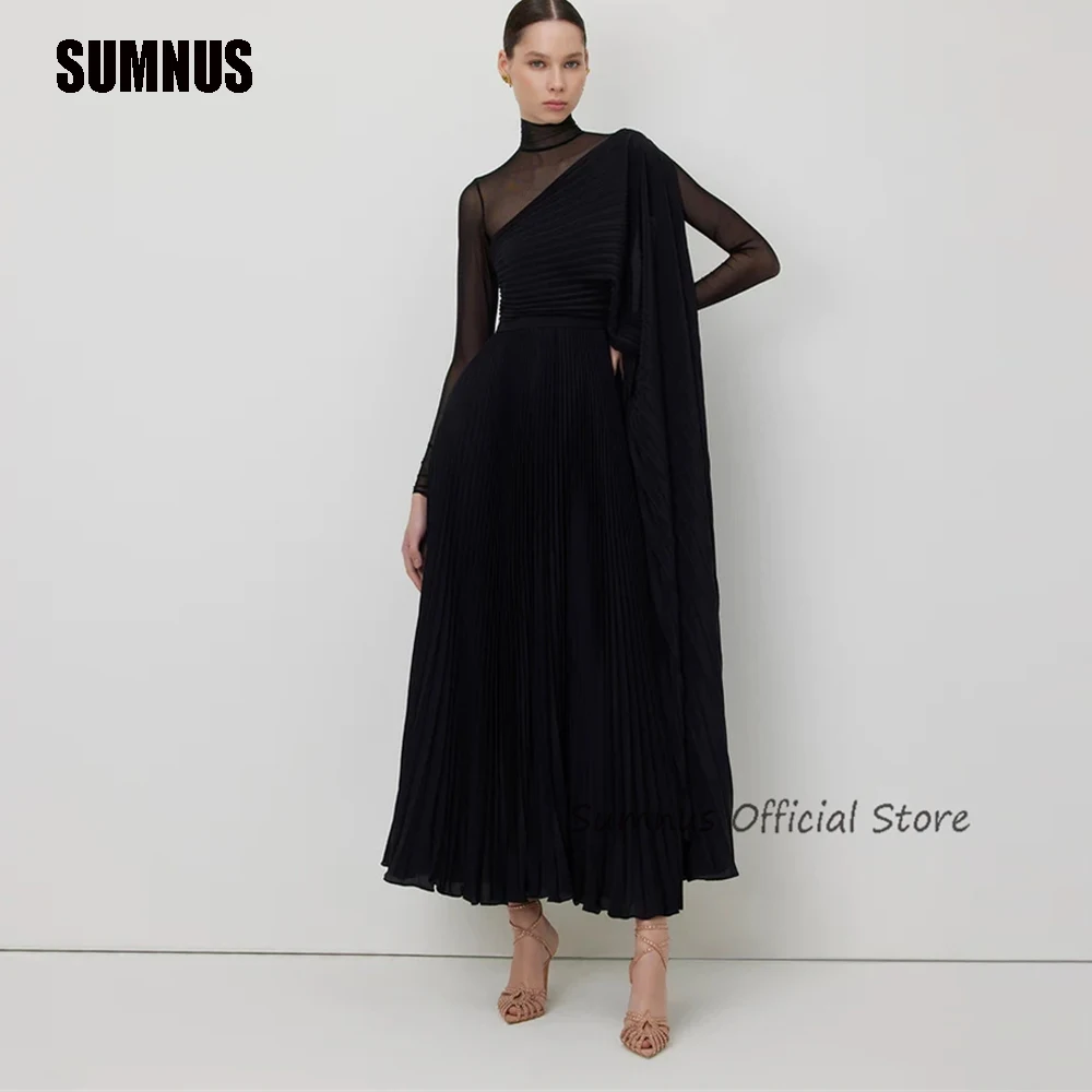 Top Trends: SUMNUS Modern Black Chiffon Evening Party Dresses Pleats Special Occasion Prom Gowns Trendy Formal Event Dress Sheer Vestidos Shoppable Styles