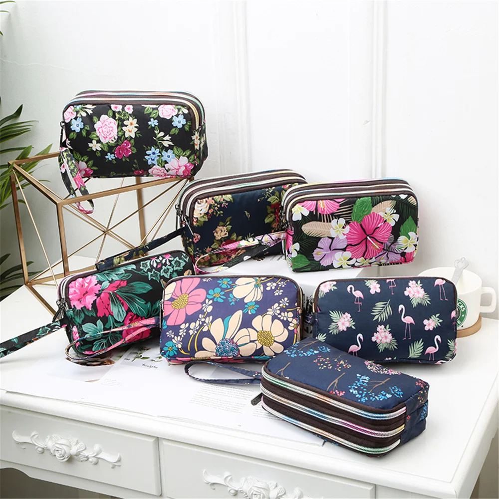 Top Trends: Three-layer Zipper Long Women Waterproof Nylon Colorful Printed Cloth Wristlet Bag Coin Purse Mobile Phone Holder Small Clutch Shoppable Styles