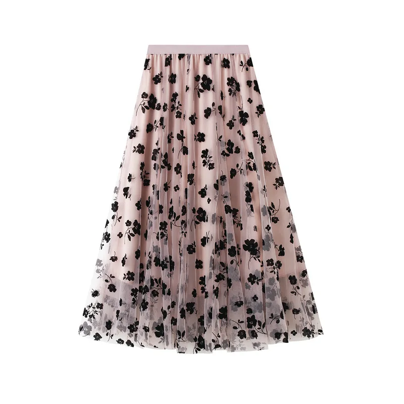 Top Trends: Long Tulle Skirt Women Vintage Flower Flocking Elastic High Waist A-Line Mesh Pleated Skirt Female Midi Skirt Faldas Jupe Shoppable Styles