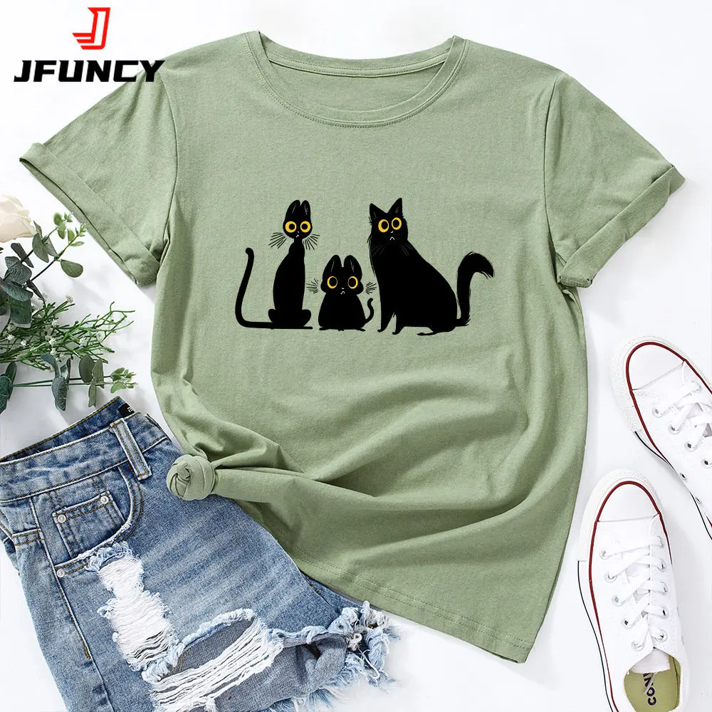 Top Trends: JFUNCY Women&#039;s T-shirts Black Cat Graphic T Shirt Oversized Short Sleeve Woman Tops Female Clothing Summer Cotton Tshirt Shoppable Styles