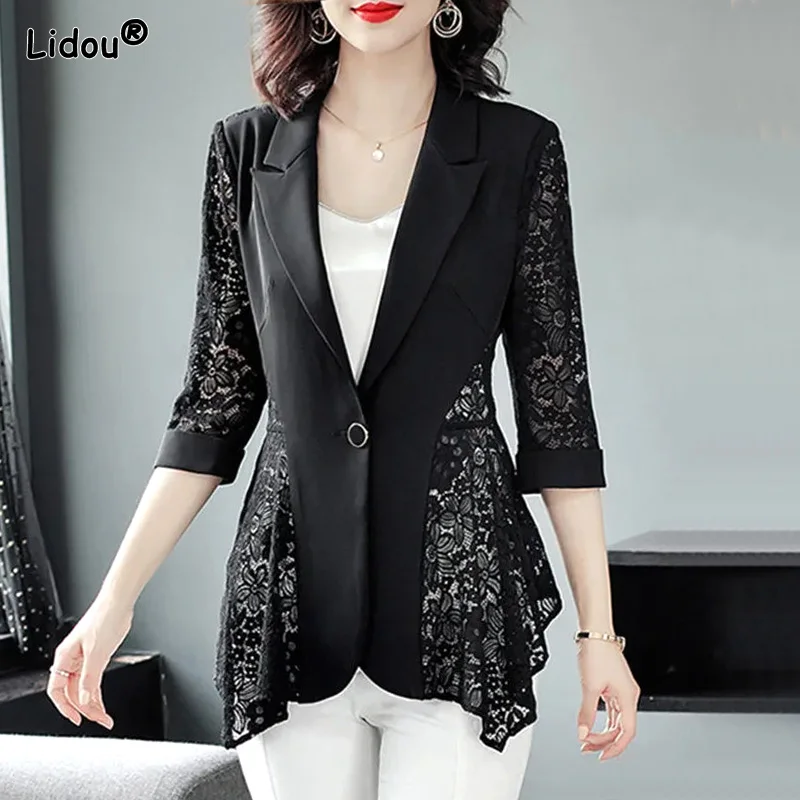 Top Trends: Thin Spring Summer Solid Long Blazer Patchwork Hollow Out Lace Button V-neck Office Lady Formal Casual Fashion Women's Clothing Shoppable Styles