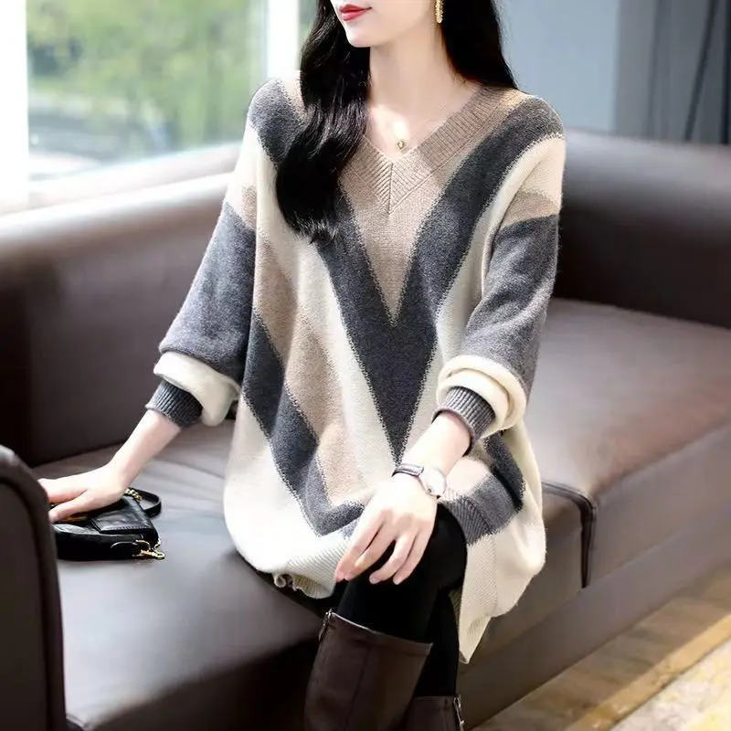 Top Trends: Autumn Winter V-Neck Fashion Striped Pullovers Sweaters For Female All-match Loose Long Sleeve Knitted Tops Women's Clothing Shoppable Styles