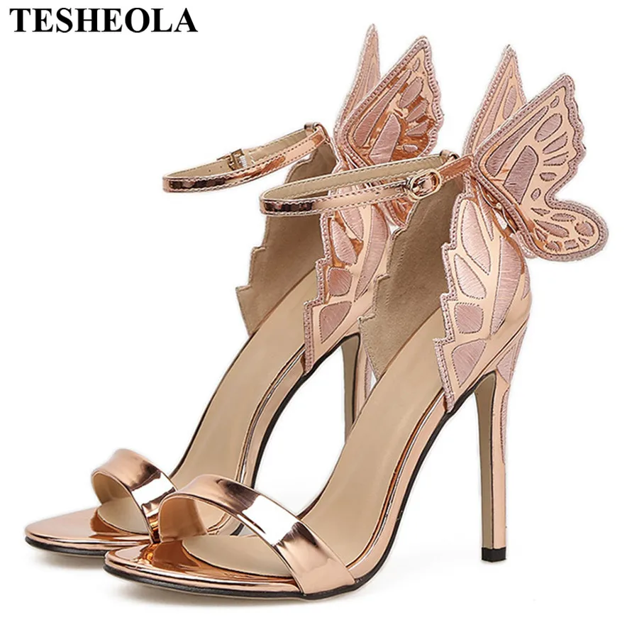 Top Trends: New Design Butterfly Wings Sandals Women Sexy Stiletto Patent Leather Party Dress Open Toe Buckle High Heels Platform Shoes Lady Shoppable Styles