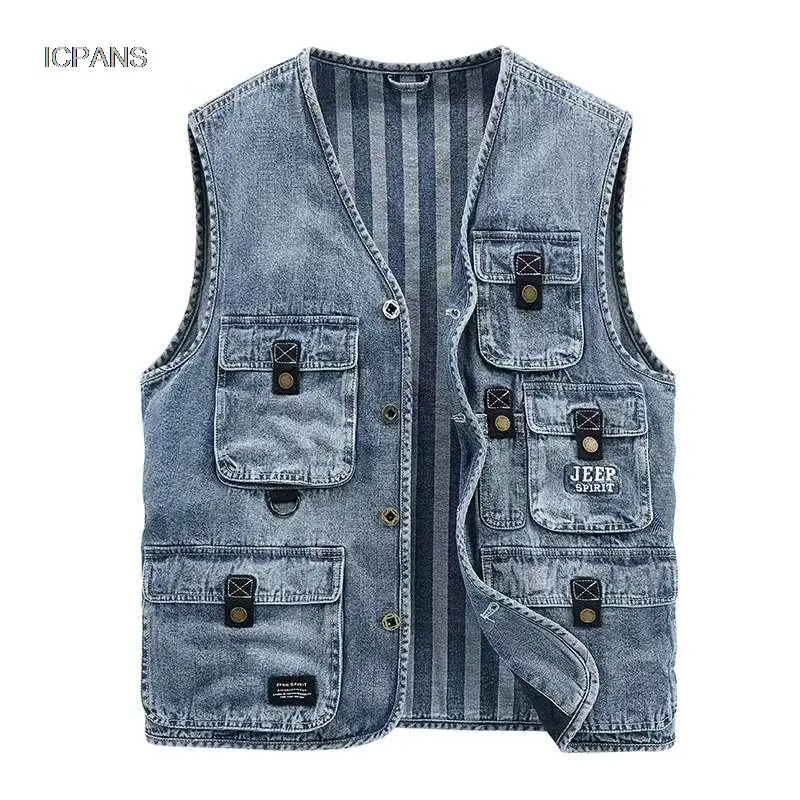 Top Trends: Denim Vest Jacket Men&#039;s Clothing Casual Jean Black Coats Vests For Men Winter Militaire Multi-pocket Sleeveless Work Vest Shoppable Styles