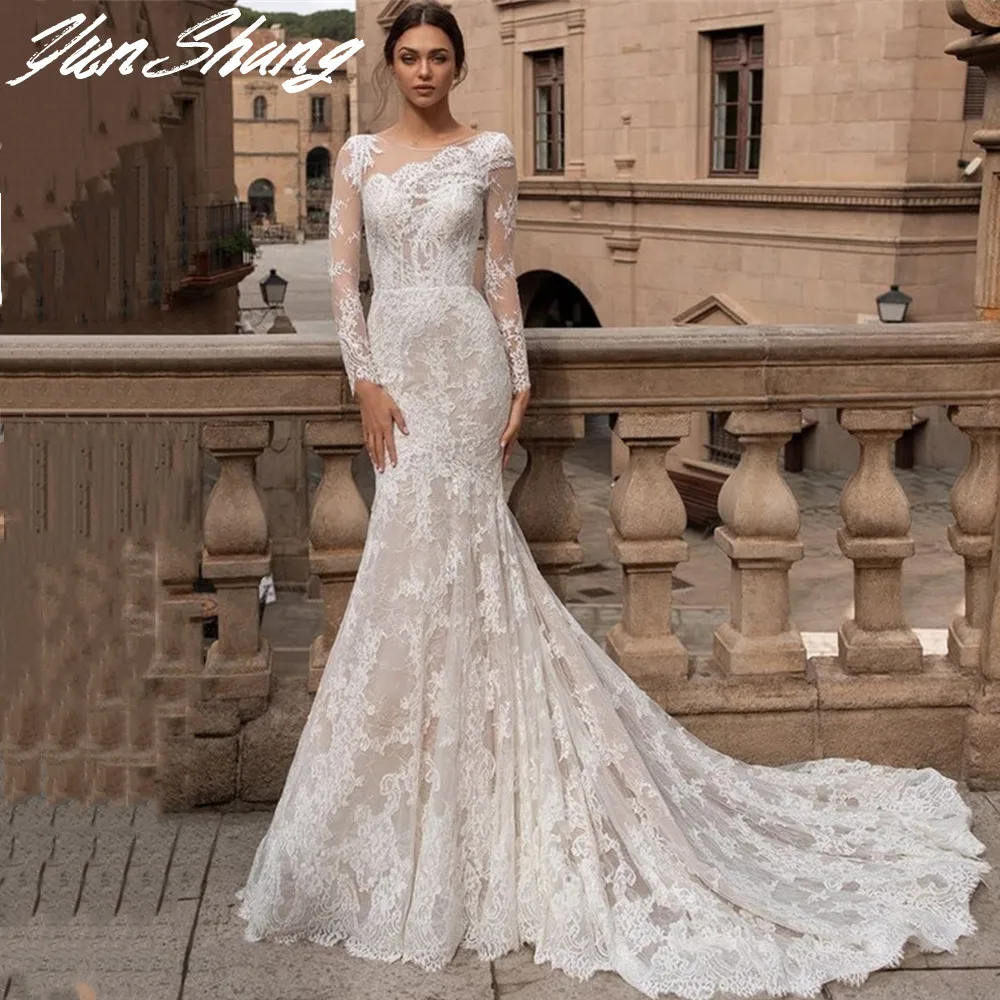 Top Trends: YunShang Sexy Mermaid Wedding Dresses O-Neck Long Sleeve Exquisite Lace Bride Gown Appliques Backless Zipper Vestidos De Noiva Shoppable Styles