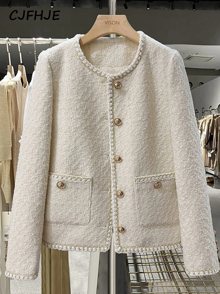 Top Trends: CJFHJE Elegant Spring Autumn Round Neck Woolen Coats Women Korean Fashion Office Lady Coats Beige Chic Button Short Tweed Jacket Shoppable Styles