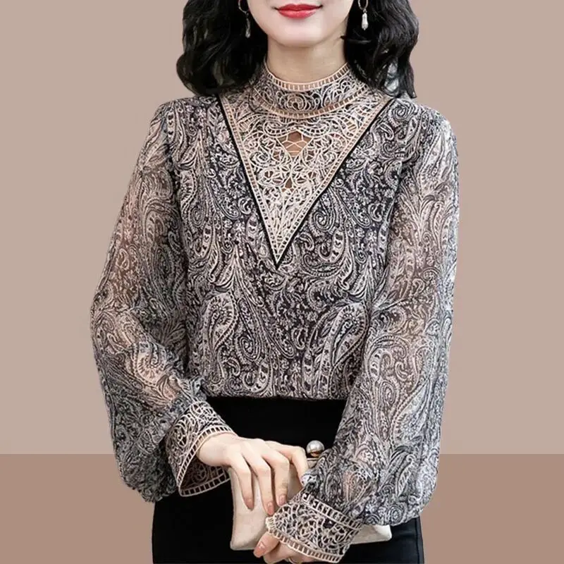 Top Trends: Fashion Vintage Paisley Printed Chiffon Shirt Spring Autumn Lace Embroidery Female Elegant Hollow Out Loose Stand Collar Blouse Shoppable Styles