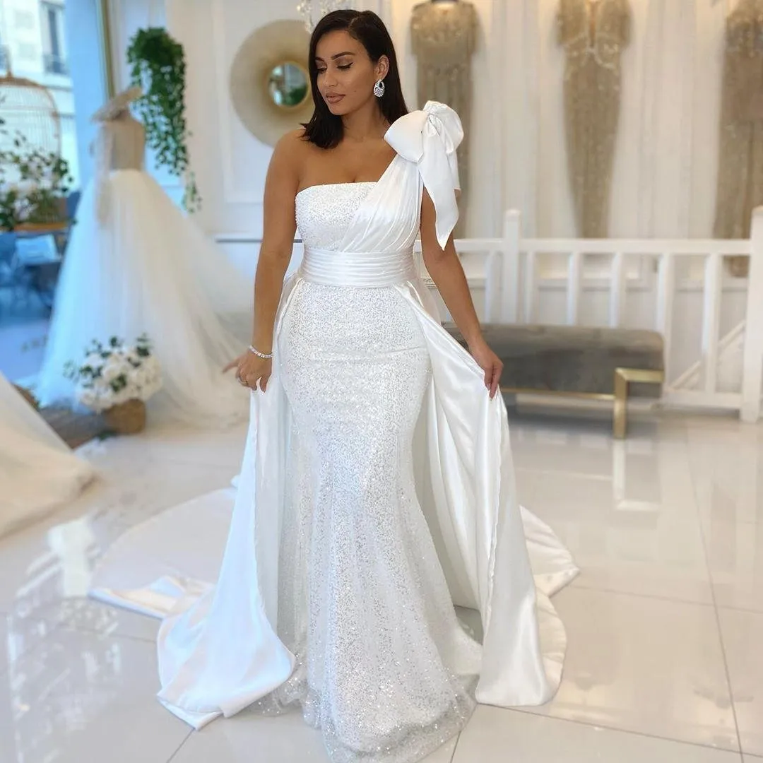 Top Trends: White Lace Mermaid Wedding Dresses With Bow Satin Zipper V-neck Shinny Sequined Overskirt Sexy Bridal Gowns White Ribbons Brides Shoppable Styles