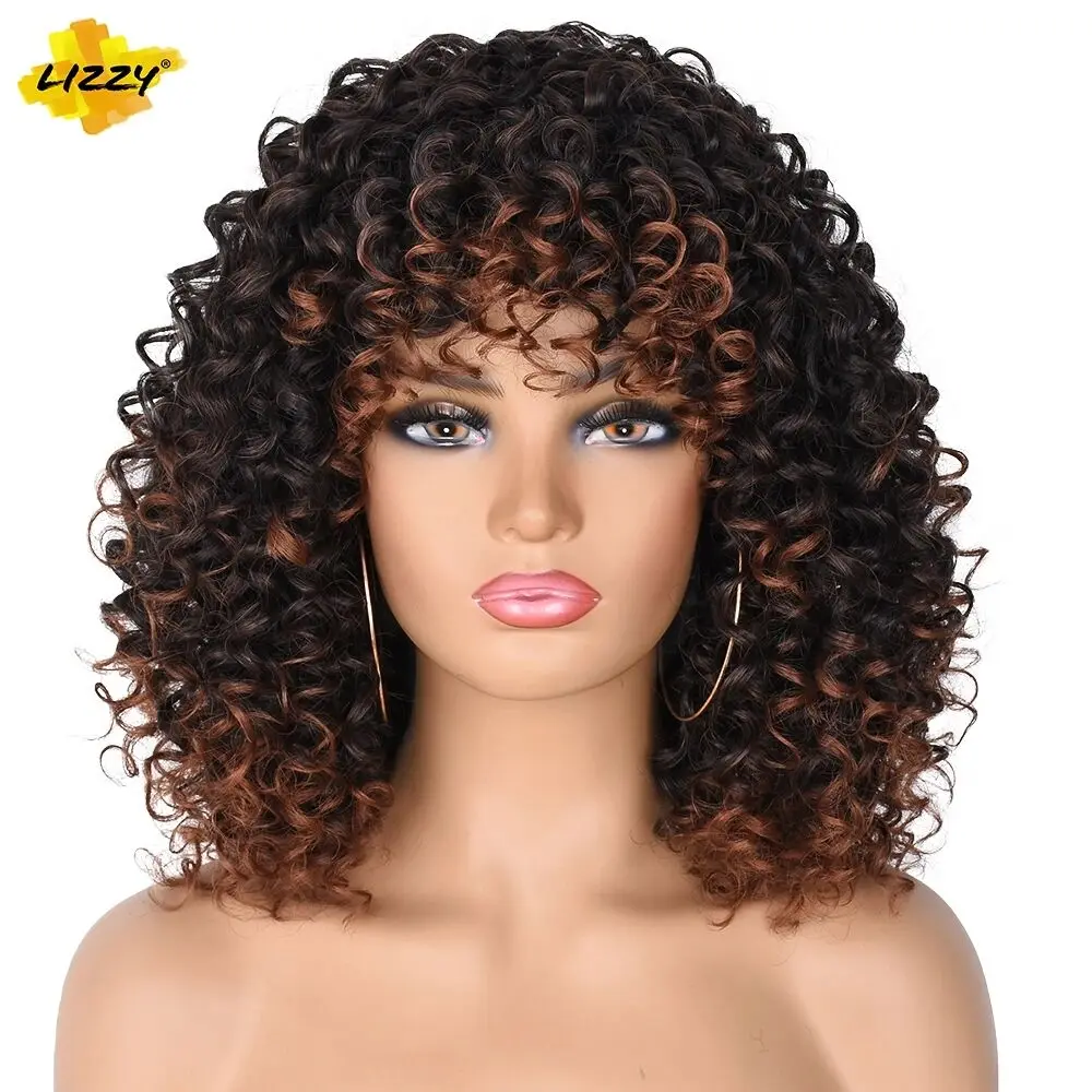 Top Trends: Short Hair Afro Kinky Curly Wigs With Bangs For Black White Women Synthetic Cosplay Natural Ombre Brown Curly Bob Wig Lizzy 14 Shoppable Styles