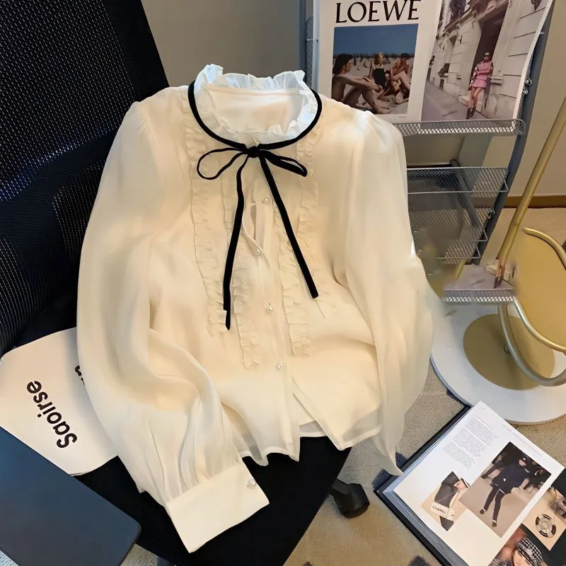 Top Trends: Elegant Fashion Solid Color Button Chiffon Shirt Women&#039;s Clothing Korean Simplicity Female Ruched Spliced Long Sleeve Blouse Shoppable Styles