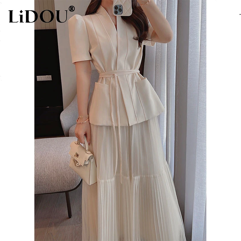 Top Trends: Spring Summer New Elegant Korean Evening Party 2-Piece Set Women Lace-Up Blazer + Long Mesh Skirt Fashion Casual Lady Skirt Suit Shoppable Styles