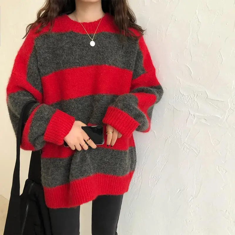 Top Trends: Fashion O-Neck Knitted Striped Loose Casual Sweaters Female Clothing 2023 Winter Oversized Korean Pullovers Commuter Warm Tops Shoppable Styles