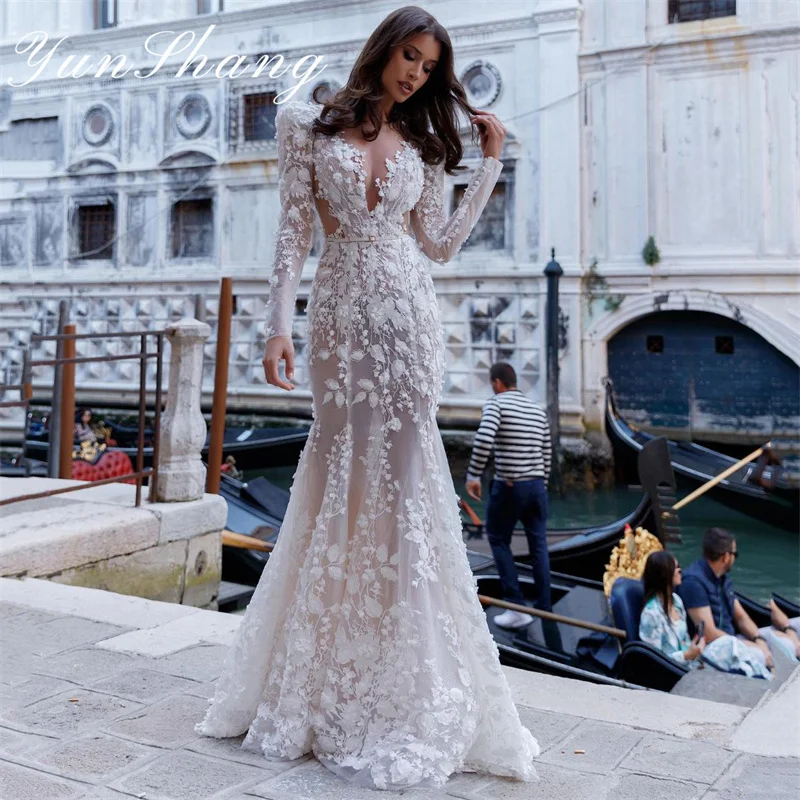 Top Trends: Yunshang Elegant Mermaid Wedding Dress Women Lace Long Sleeve Illusion Back Sweetheart Bridal Gown Sweep Train Vestido De Novia Shoppable Styles