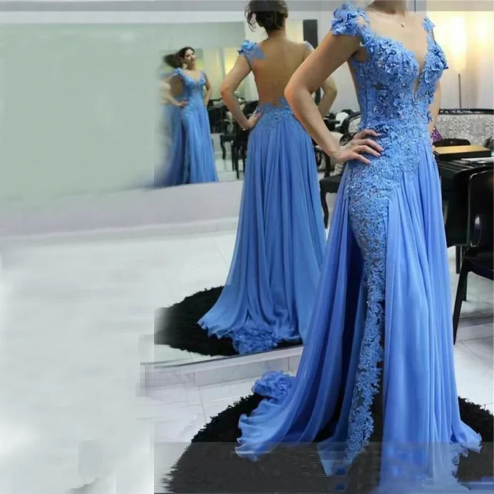 Top Trends: 2023 Blue Decal Beaded Mermaid Slim Fit Evening Dress Sweetheart Sexy Backless Short Sleeve Lace Prom Party Dresses For Women Shoppable Styles