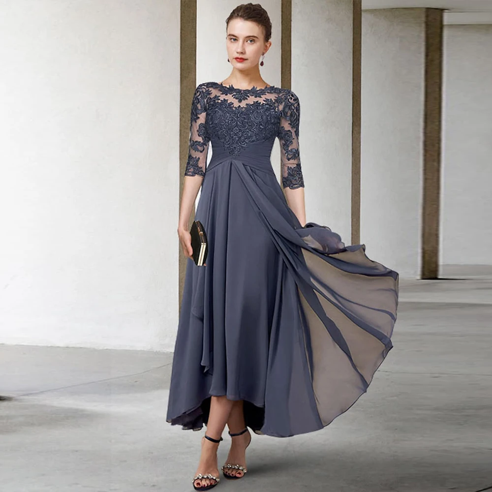 Top Trends: Classic Mother Of The Bride Dresses O Neck 3 / 4 Sleeves Wedding Party Dress High Low Tea-Length Appliques 2023 فساتين السهرة Shoppable Styles