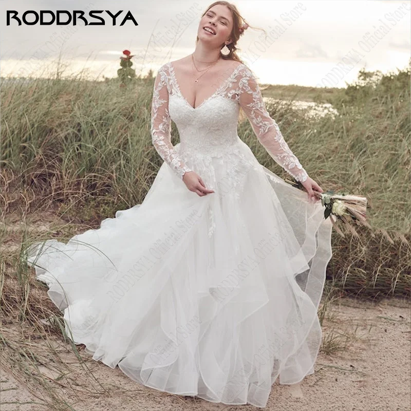 Top Trends: RODDRSYA Plus Size Long Sleeve Wedding Dresses For Woman Beach Bride Lace V-Neck Robe De Mariée Tulle A-Line 2024 Bridal Gowns Shoppable Styles