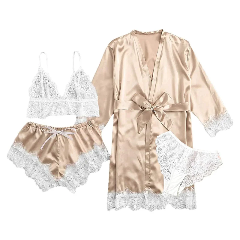 Top Trends: Women Silk Lace Robe Dress Babydoll Nightdress Sleepwear Kimono 4 Pcs Pajiamas Set Women Fashion Sexy Lingerie Shoppable Styles