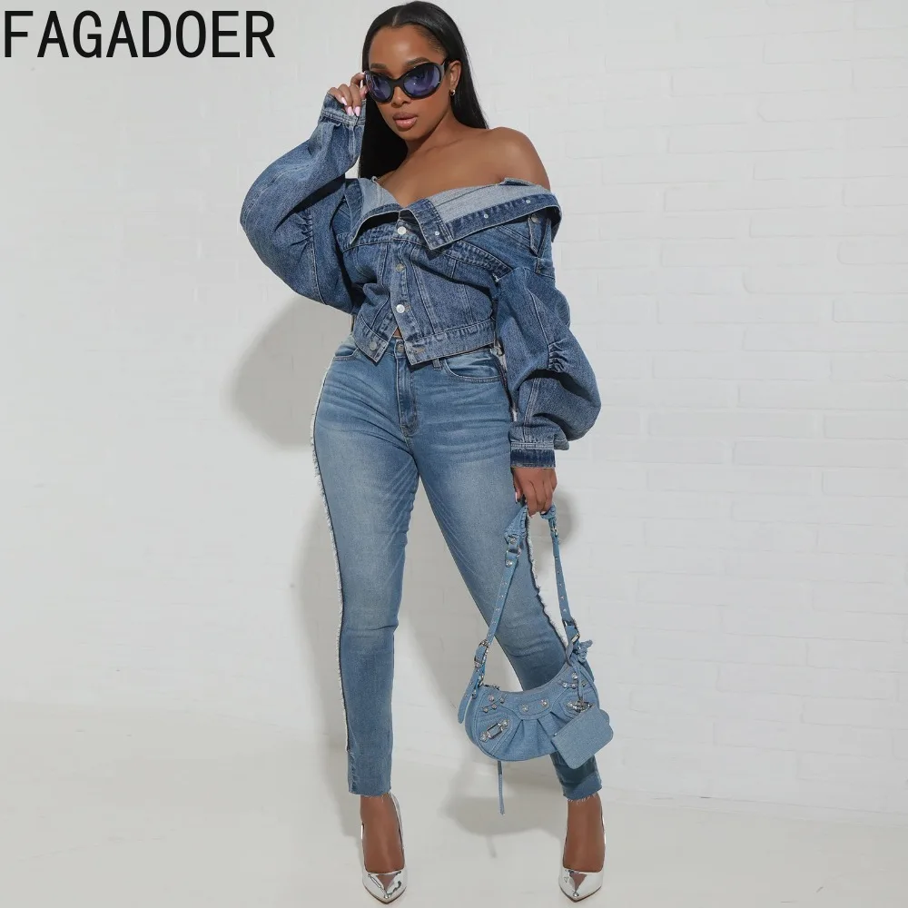 Top Trends: FAGADOER Blue Vintage Fashion Y2K Denim Coats Women Turndown Collar Long Sleeve Slim Crop Top Autumn Lady Cowboy Matching Jacket Shoppable Styles - Image 3