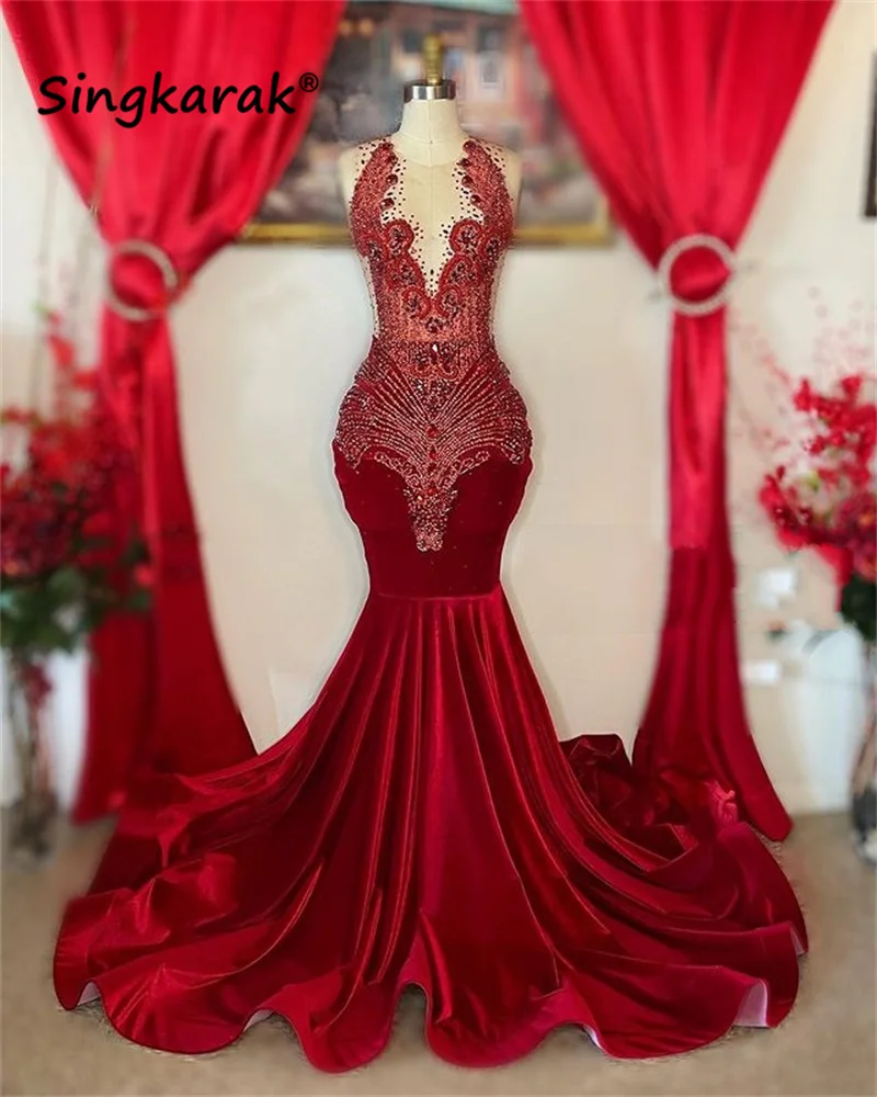 Top Trends: Sexy Sparkly Mermaid Prom Dress 2024 Velvet Sheer Neck Crystal Beads Rhinestones Party Dress Wedding Reception Gowns Robe Shoppable Styles