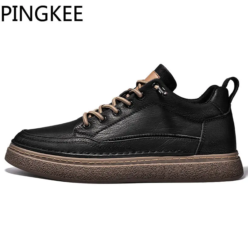 Top Trends: PINGKEE Chic New Casual Leather Shoes Men Lightweight Man Lace Up Closure Durable Cushioned Outdoor Slip On Sneakers Men Shoes Shoppable Styles