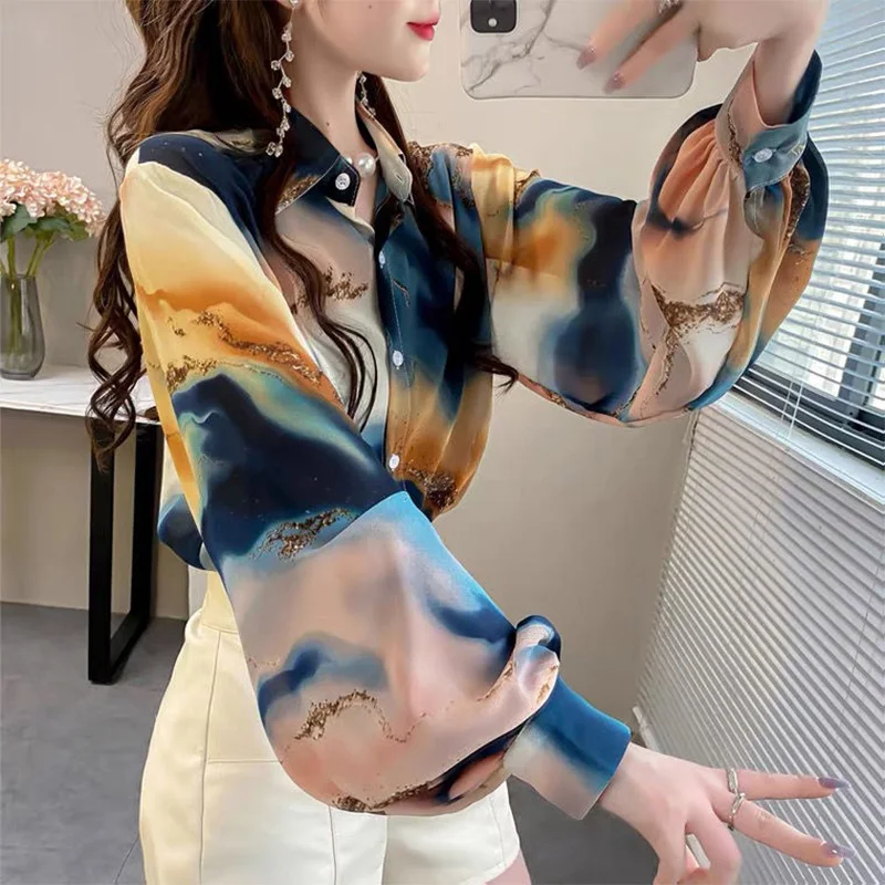 Top Trends: Fashion Lantern Sleeve Printed Lapel Button Casual Chiffon Shirt 2022 Spring New Oversized Loose Women Clothing Commute Blouse Shoppable Styles