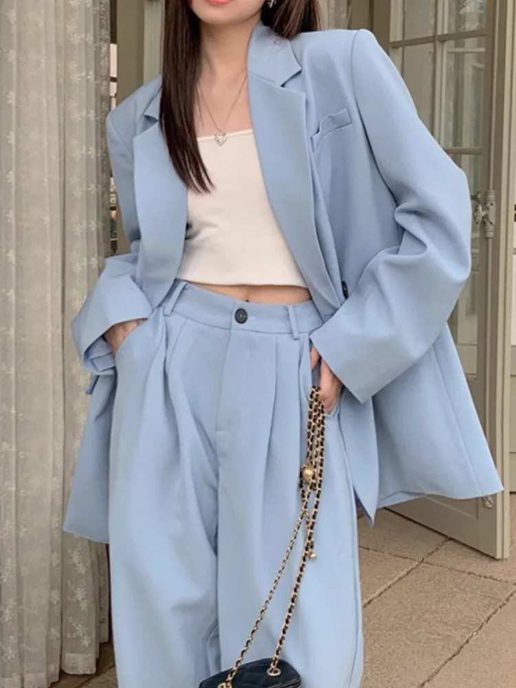 Top Trends: Office Lady Blue Blazer Suits Women Casual Loose Solid Jackets Wide Leg Long Pants 2 Pieces Set Female Korean Fashion Outfits Shoppable Styles