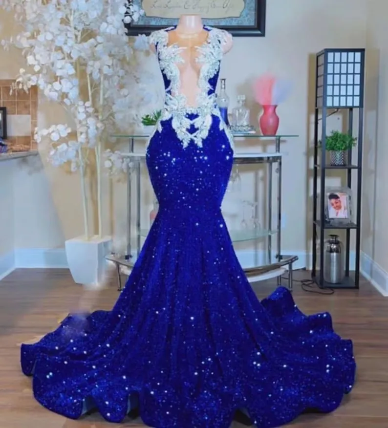 Top Trends: Royal Blue African American Prom Dresses Mermaid Sheer Sequins Appliques Black Girls Nigeria Robe De Soiree Evening Dress Gown Shoppable Styles